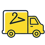 Yellow delivery truck icon with a hanger symbol on its side, suggesting clothing or laundry delivery services.