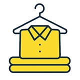 Icon of a yellow collared shirt on a hanger with two folded garments below it, representing laundry or dry cleaning services.